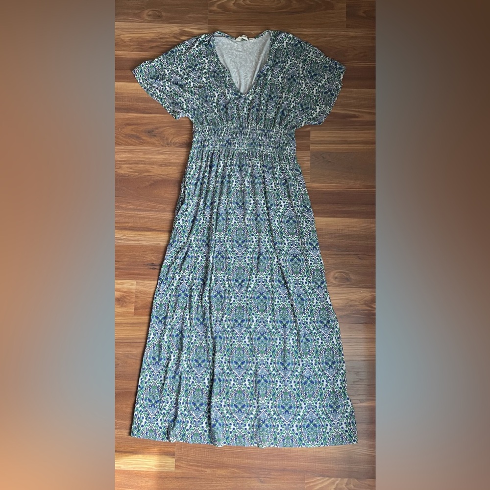 Boden 6P Petite Printed Midi Dress Blue Green Boho Smocked Waist